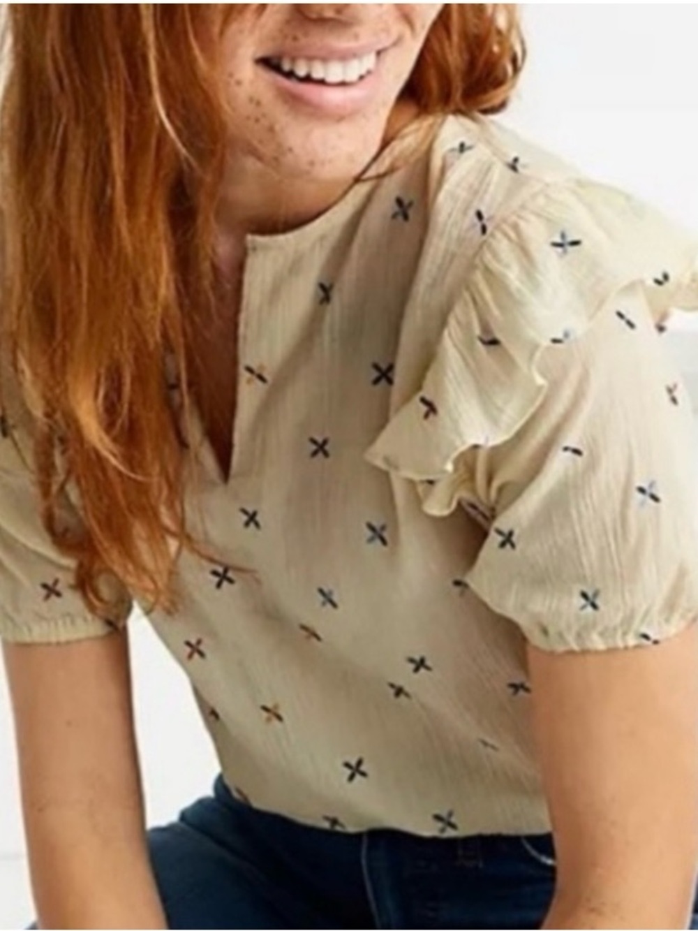 Madewell Cream Ruffle Sleeve Blouse with Cross Motif